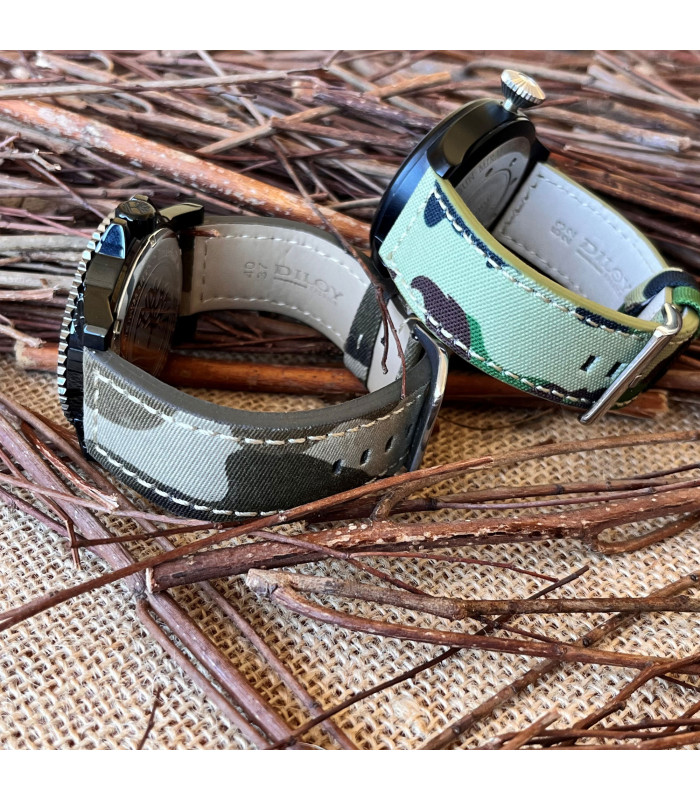 Pulseira de relógio feita com tecido camuflado militar e couro 18mm 20mm 22mm 24mm 26mm 28mm 30mm Ref 370