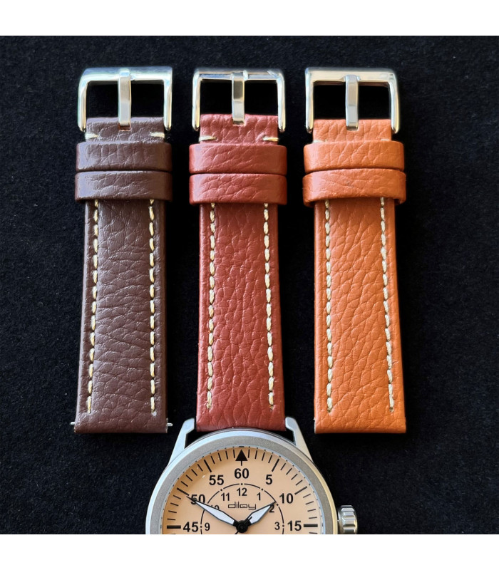 Bison grain leather strap white stitching – Diloy 376