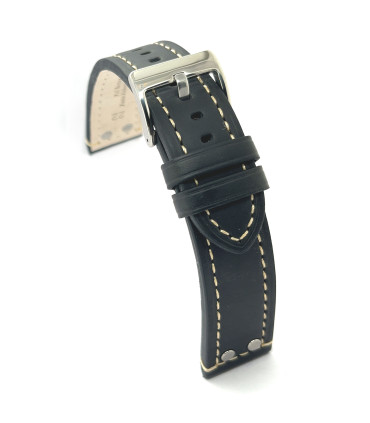 Pulseira de couro de aviador com rebites de aço 18mm 20mm 22mm 24mm Ref 381