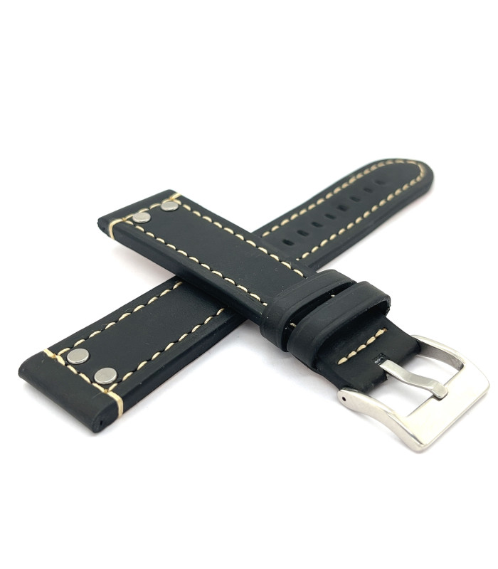 Bracelet montre cuir aviateur avec rivets acier 18mm 20mm 22mm 24mm Ref 381