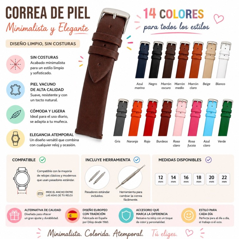 Correa reloj cuero liso sin costuras alomada Diloy 301