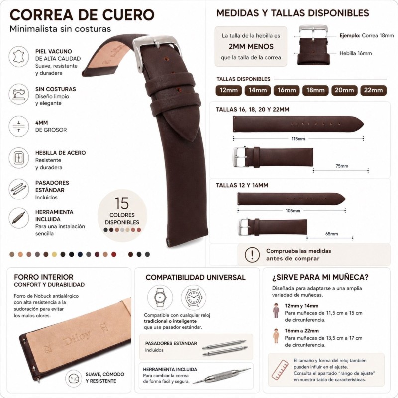 Correa reloj cuero liso sin costuras alomada Diloy 301