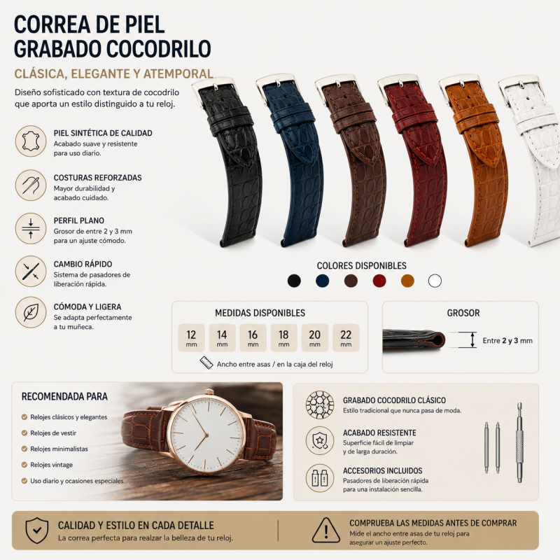 Watch Strap Crocodile-Embossed Leather Round Diloy P209