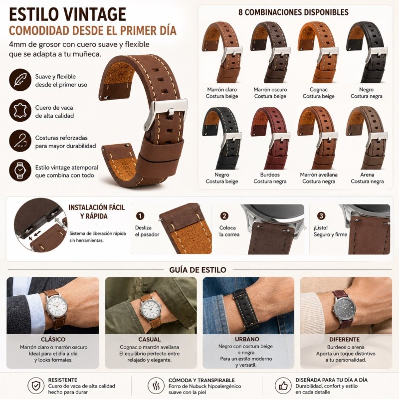 Bracelet montre cuir vintage cousu blanc Diloy 384
