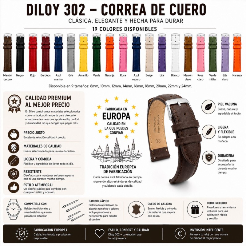 Correa reloj cuero XL extra larga alomada Diloy 302EL