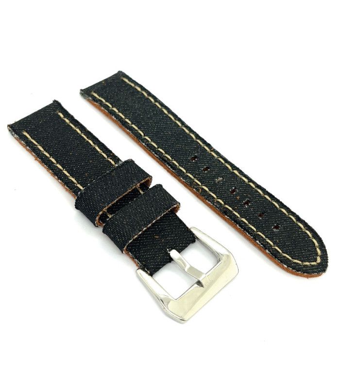 Pulseira de relógio em tecido jeans e couro. Lona e couro. 18mm 20mm 22mm 24mm. Efeito desgastado. Referência 390